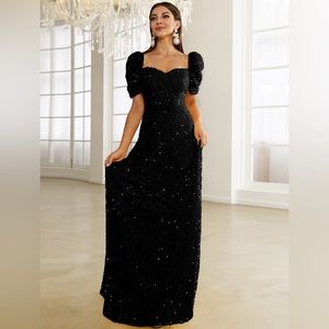 Missord Sweetheart Neck Puff Sleeve Black Sequin Formal Dress